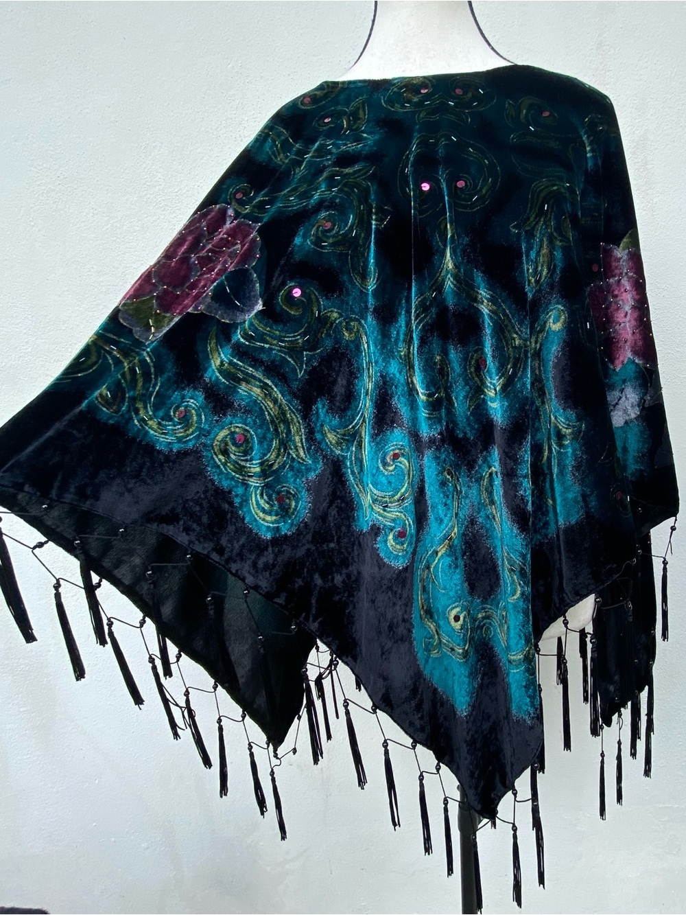Y2K Whimsygoth Black & Teal Multicolor Floral Glass Beaded Velvet Fringe O/S
